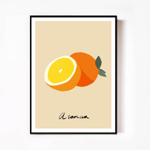 Load image into Gallery view, Oranje-Orange-juice-print-green-leaves-sinaasappel-arancia-groen-blaadjes-frame-black-lijst-zwart-gratisbezorgd-nederland-shop-hier
